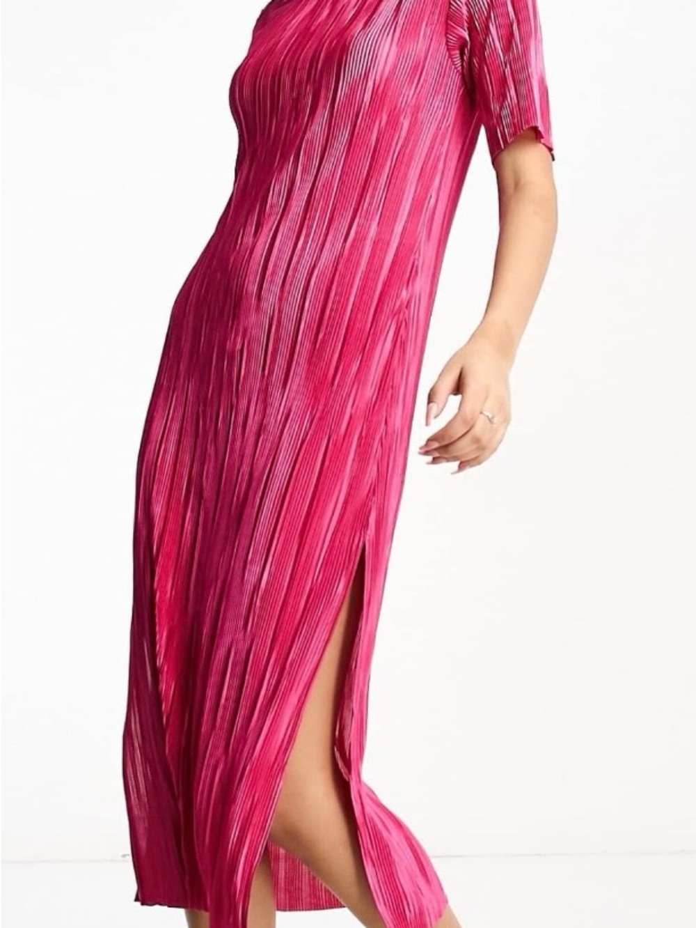 Y.A.S. Plisse Midi Dress with Side Slit in Magenta Pink